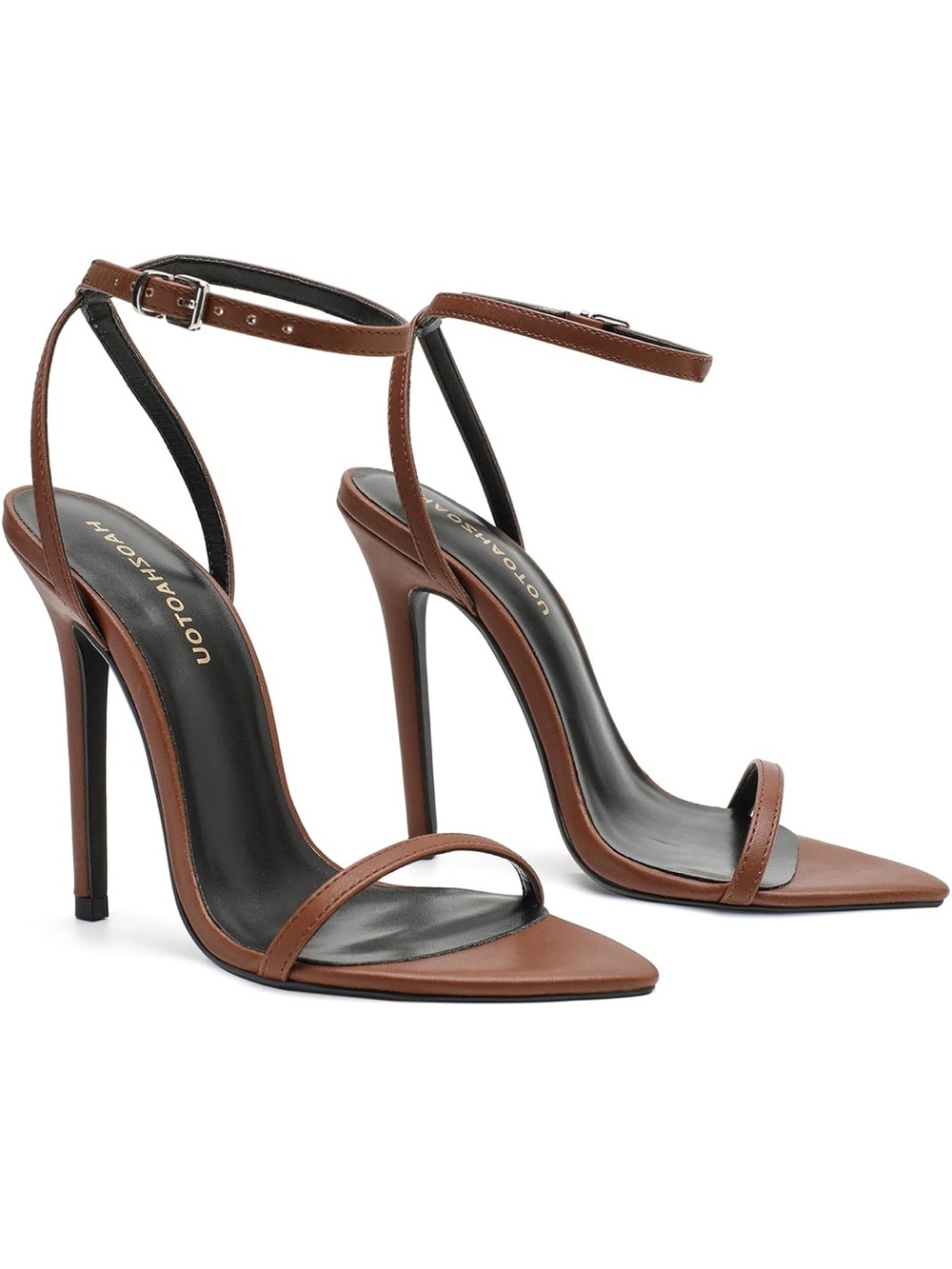 Haozhaotou Classic Brown Leather Ankle-Strap Stiletto Sandals